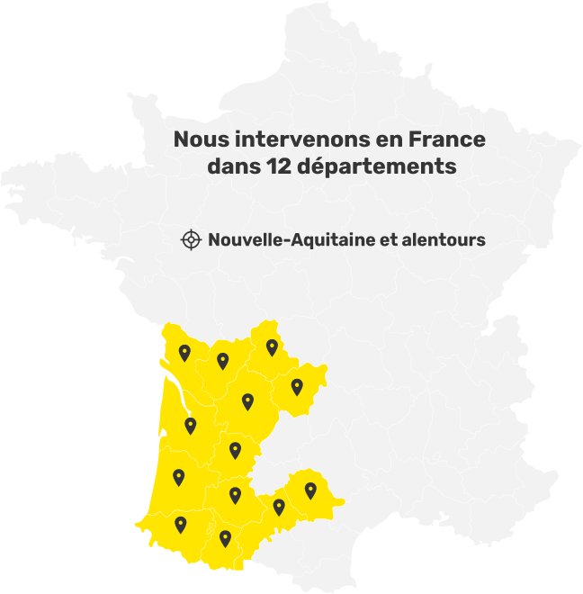 Carte du rayon d'intervention en Nouvelle Aquitaine et régions voisines