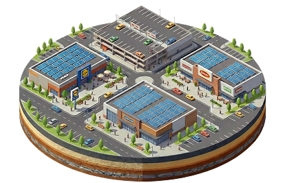 Bâtiment en zone commerciale avec panneaux solaires