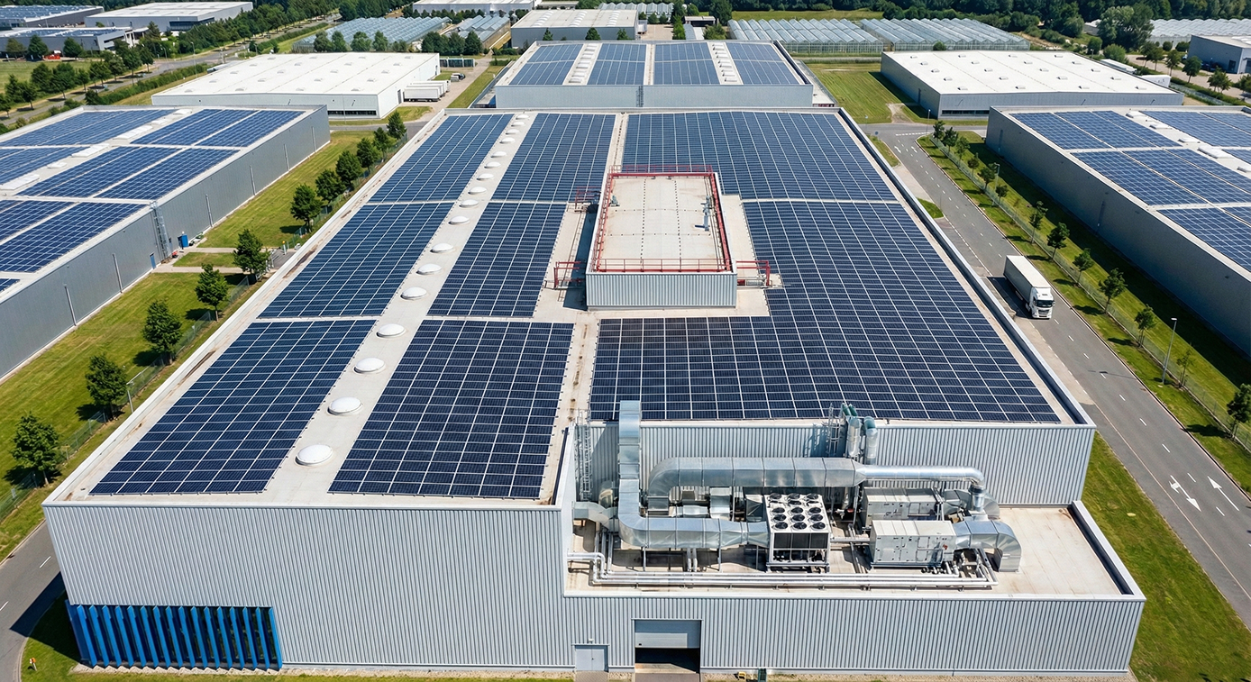 Toiture d'usine équipée de panneaux solaires
